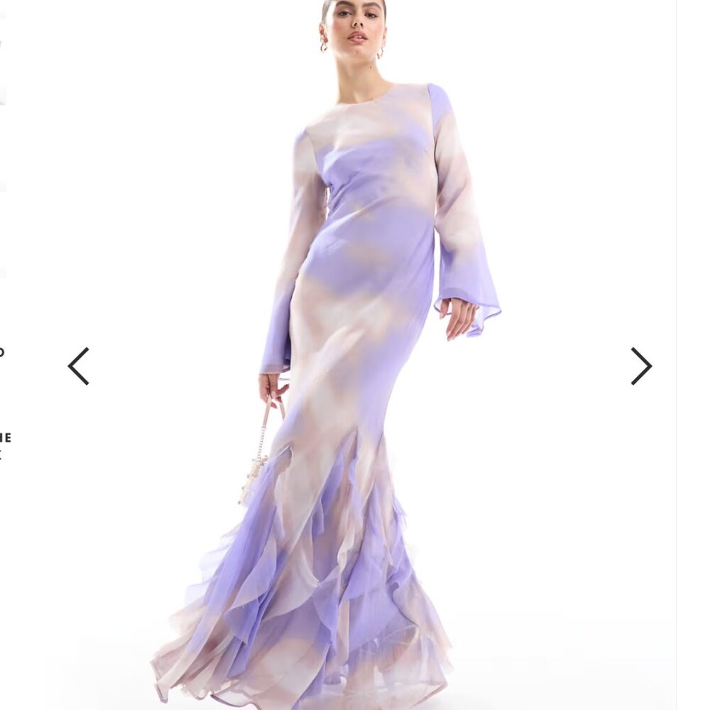 ASOS DESIGN Long Sleeve Bias Chiffon Maxi Dress With Ruffles in Blue Abstract